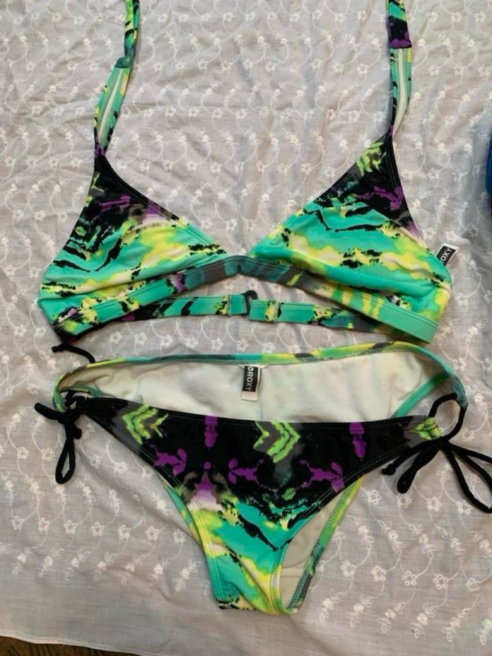 Roxy Neon Tie-Dye Triangle Bikini in Teal, Yellow, Purple & Black